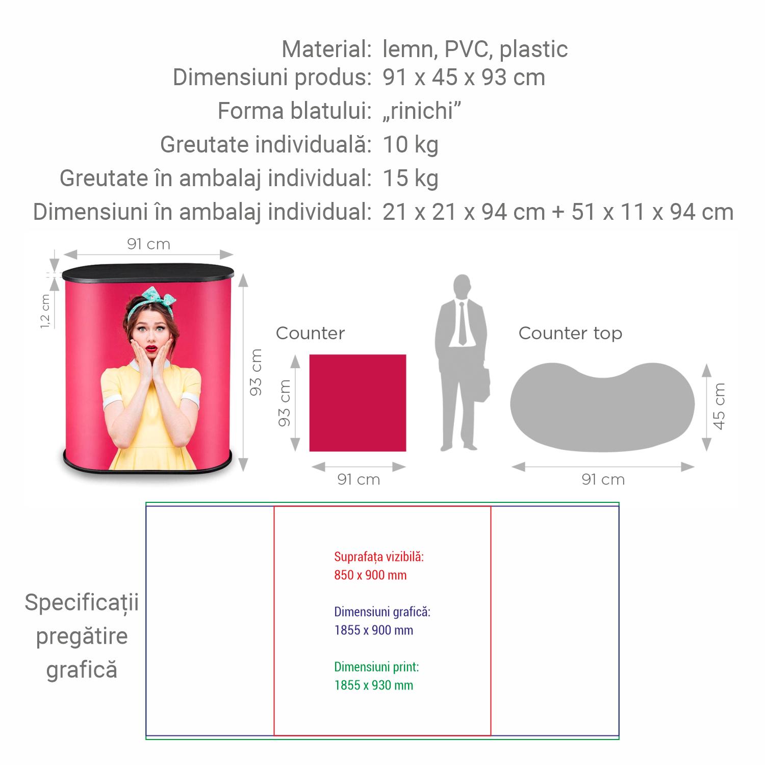 Masă sampling - promo desk, info desk, pop-up counter Promo 2 cu raft - formă „rinichi”