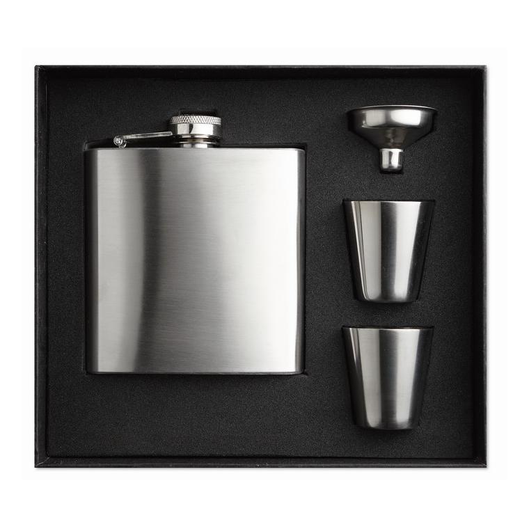 Sticlă de buzunar cu paharele SLIMMY FLASK SET Argintiu mat