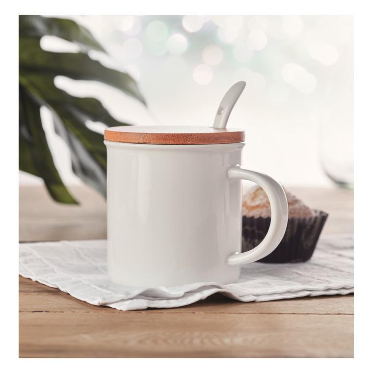 Cană din porțelan cu linguriță KENYA Alb
