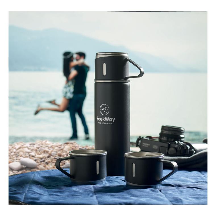 Set termos și pahare, perete dublu SHARM Negru