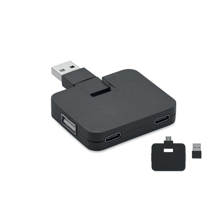 Hub USB 4 porturi + cablu 20 cm SQUARE-C Negru