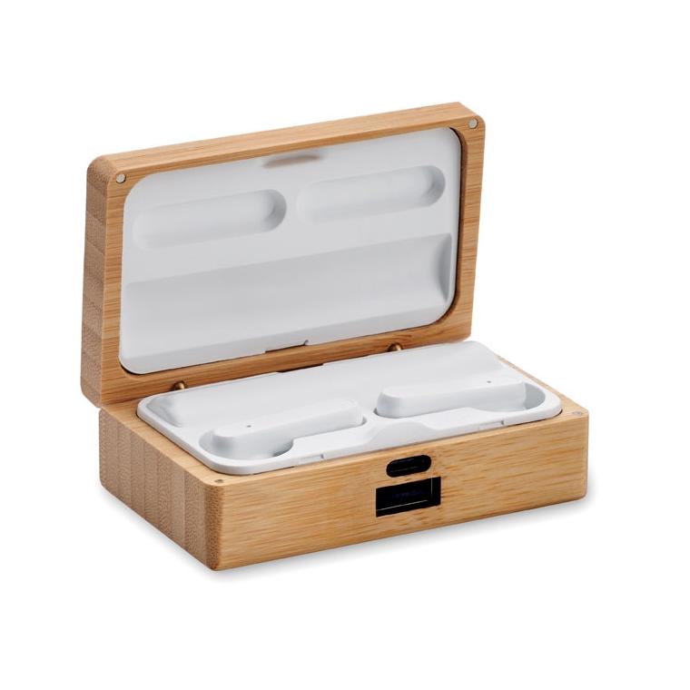 Căști TWS în cutie de bambus OREBAM Natur