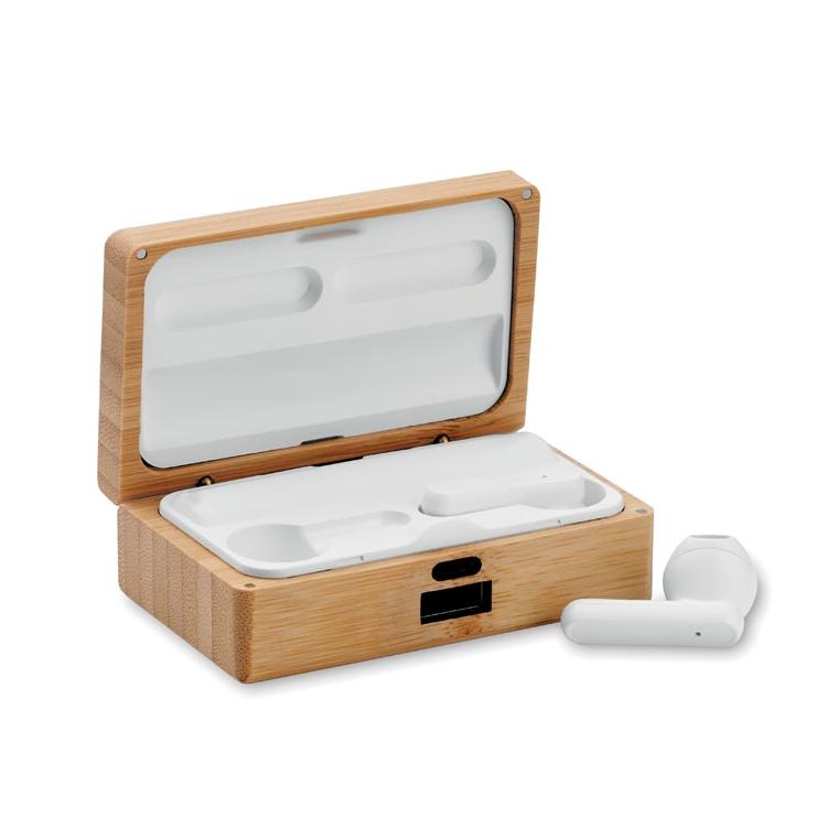 Căști TWS în cutie de bambus OREBAM Natur