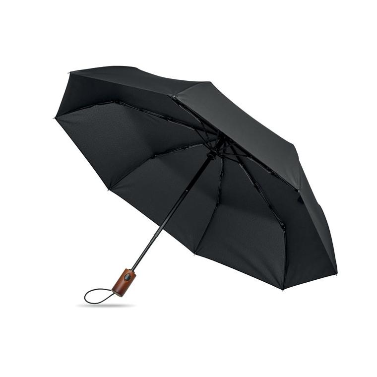 Umbrelă automată pliabilă de 21 inch, cu mâner din lemn Rayna Fold Negru
