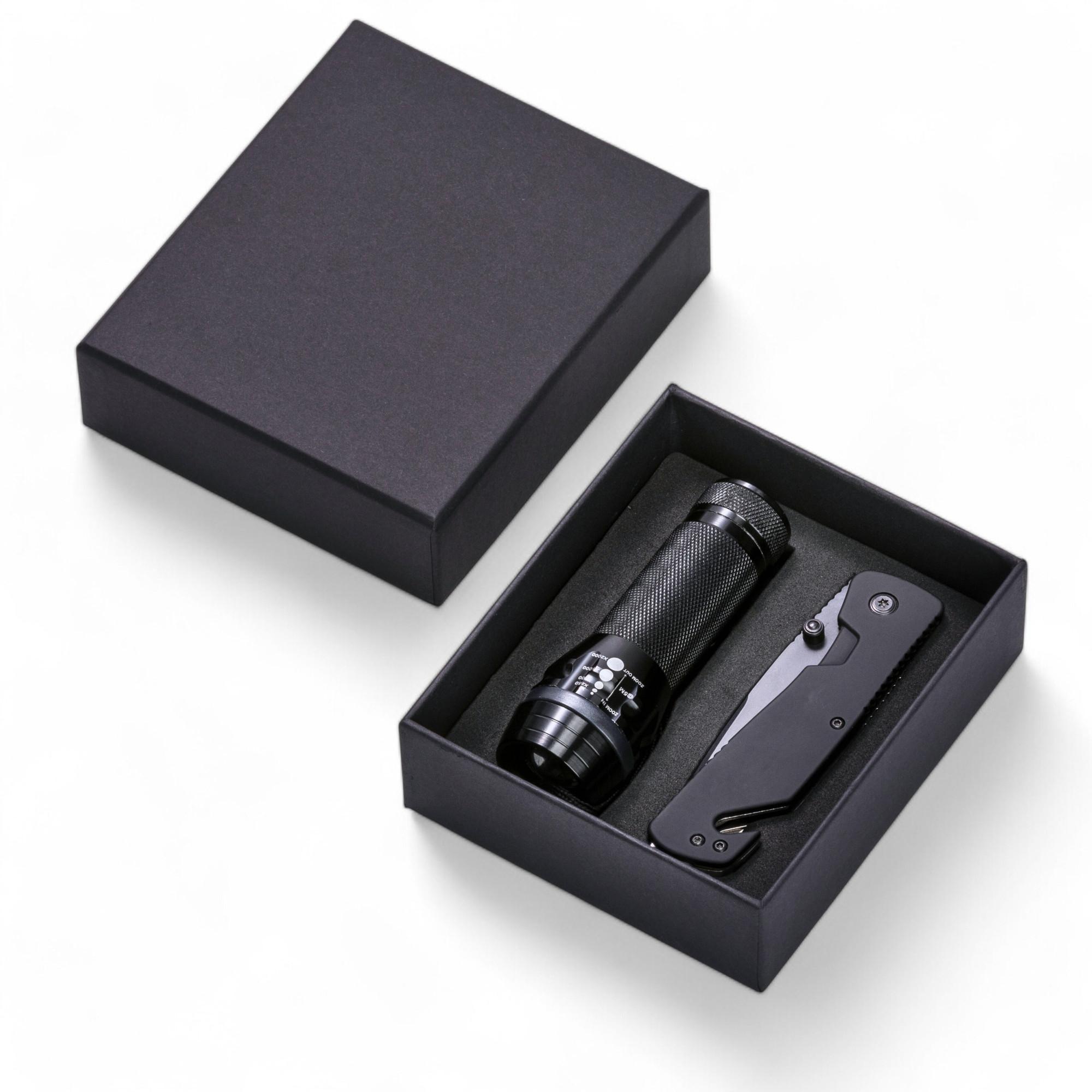 Set cuțit de salvare și lanternă Primo Emergency Set Negru