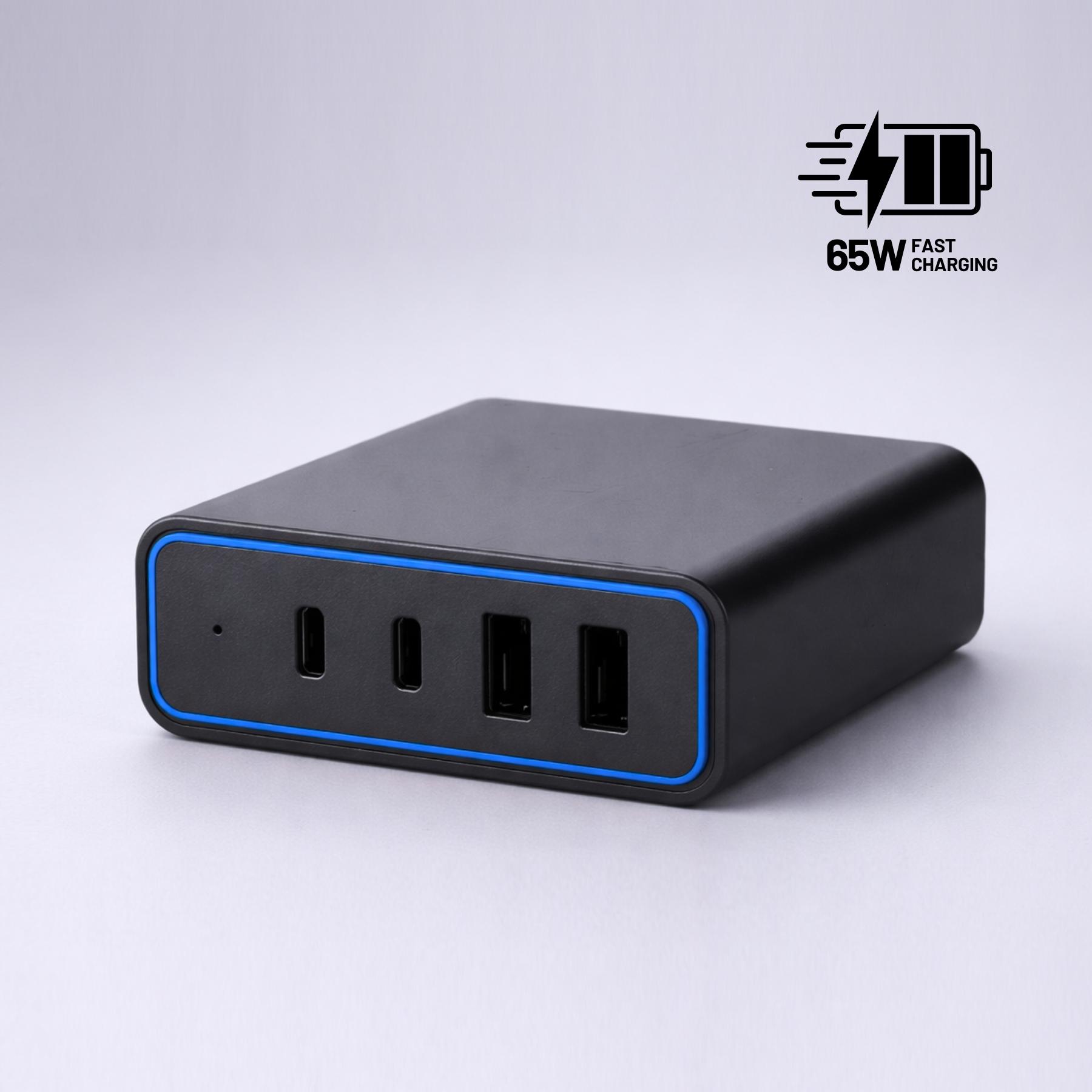 Încărcător de birou Opti Power GaN 65W (turn de încărcare cu 4 porturi) Albastru