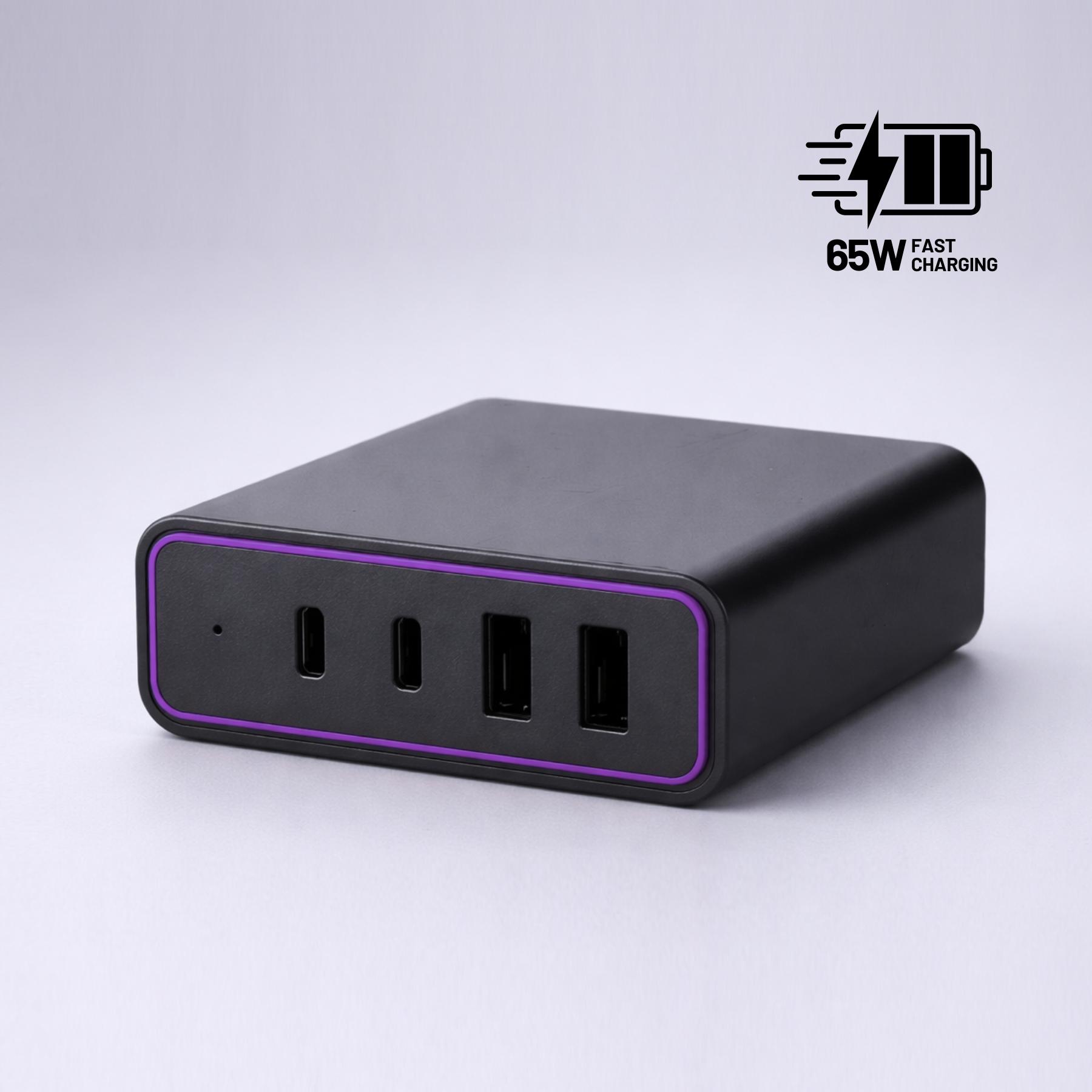 Încărcător de birou Opti Power GaN 65W (turn de încărcare cu 4 porturi) Violet