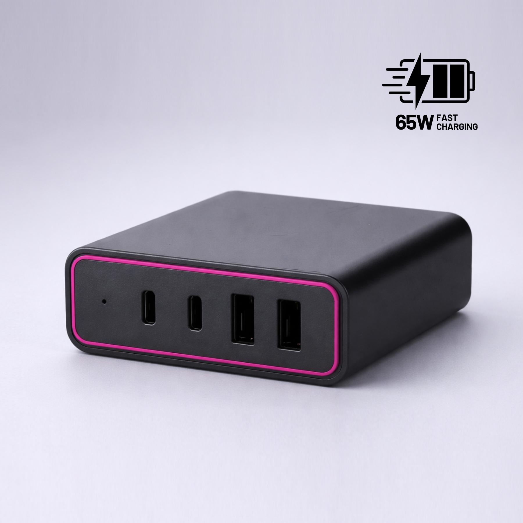 Încărcător de birou Opti Power GaN 65W (turn de încărcare cu 4 porturi) Roz