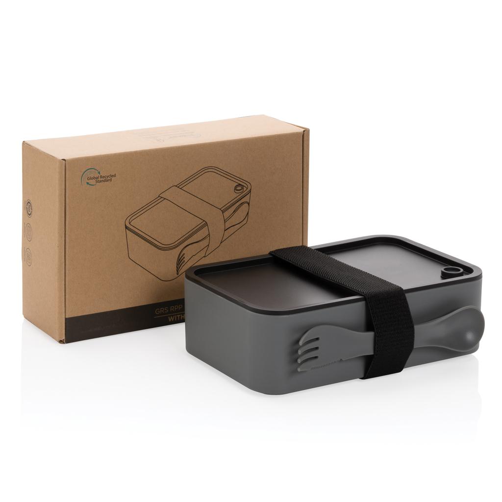 Caserolă pentru prânz din PP reciclat GRS cu spork grey