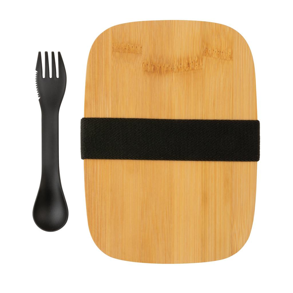 Caserolă pentru prânz din oțel inoxidabil cu capac din bambus și lingură-furculiță silver