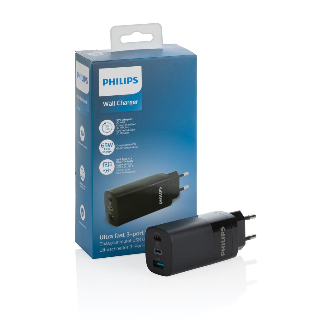 Încărcător 65W ultra rapid de perete cu 3 porturi USB Philips black