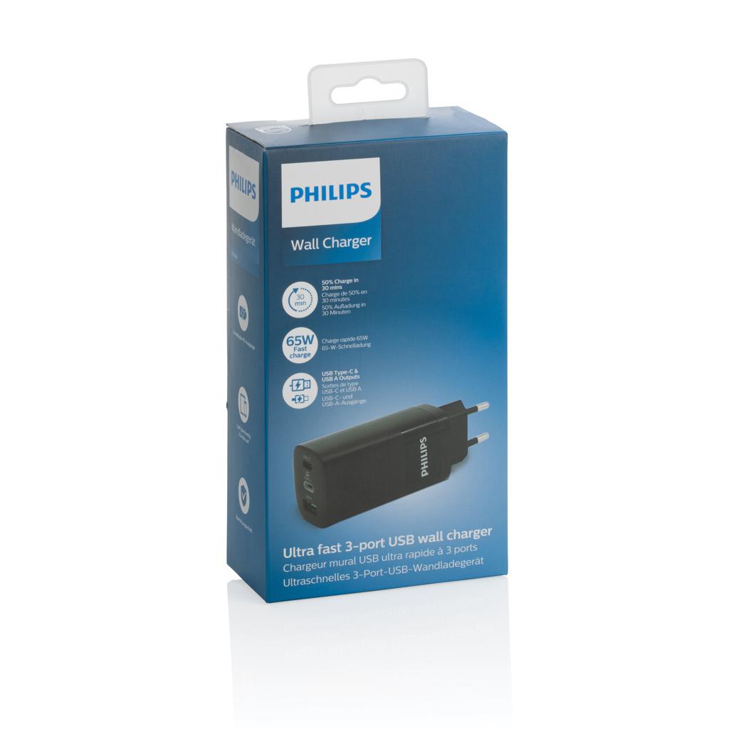 Încărcător 65W ultra rapid de perete cu 3 porturi USB Philips black