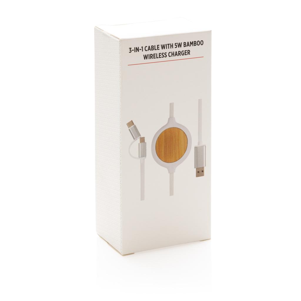 Cablu 3 în 1 cu încărcător wireless de bambus de 5W transparent