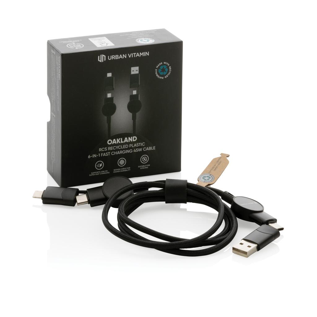 Cablu de încărcare rapidă 6 în 1 din plastic reciclat RCS, de 45W Oakland black