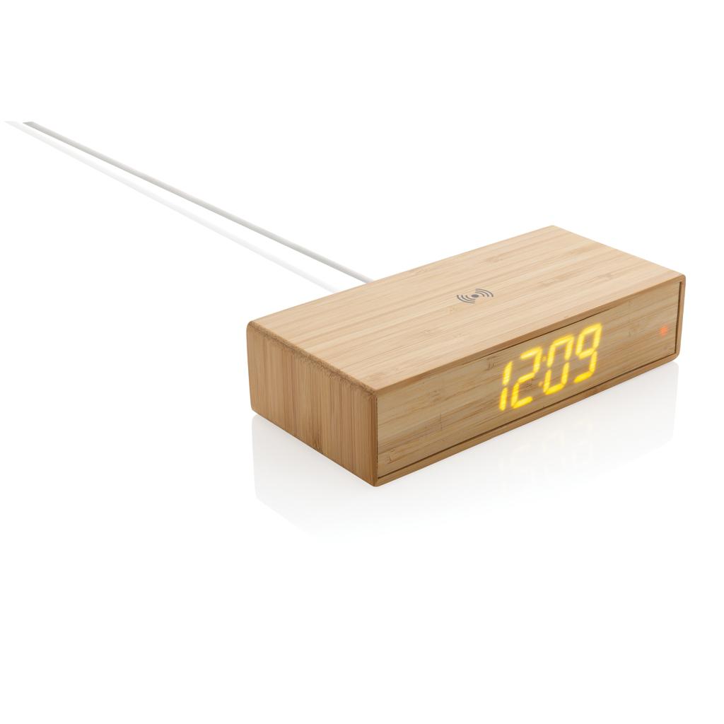 Ceas de masă din bambus cu încărcător wireless de 5W brown