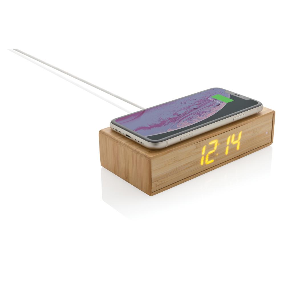 Ceas de masă din bambus cu încărcător wireless de 5W brown