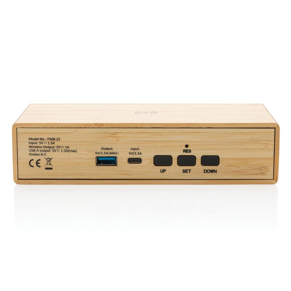 Ceas de masă din bambus cu încărcător wireless de 5W brown