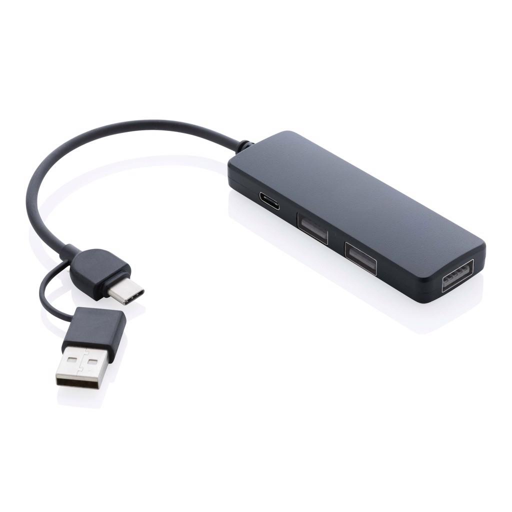 Hub USB din plastic reciclat RCS cu intrare dublă black