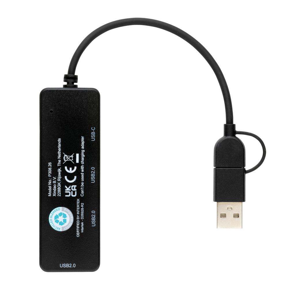 Hub USB din plastic reciclat RCS cu intrare dublă black