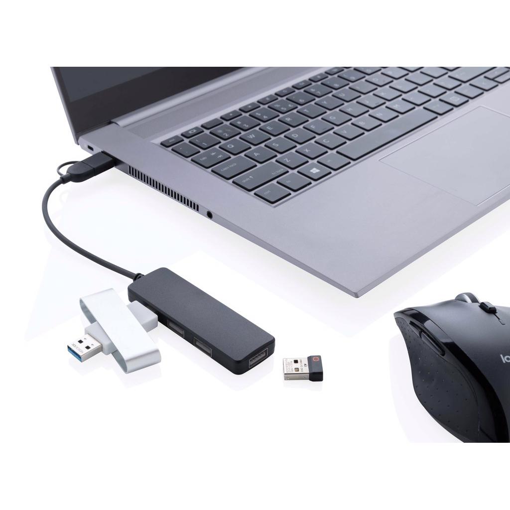 Hub USB din plastic reciclat RCS cu intrare dublă black