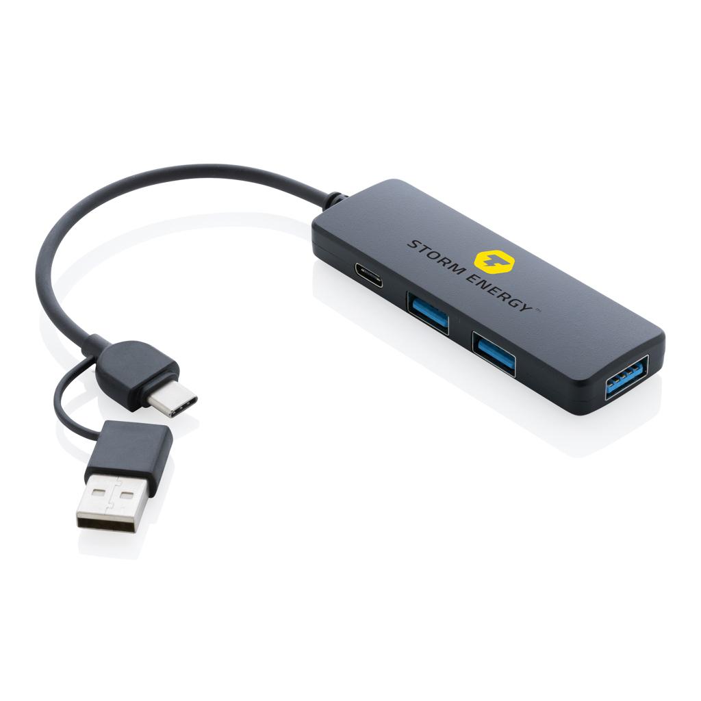 Hub USB din plastic reciclat RCS cu intrare dublă black