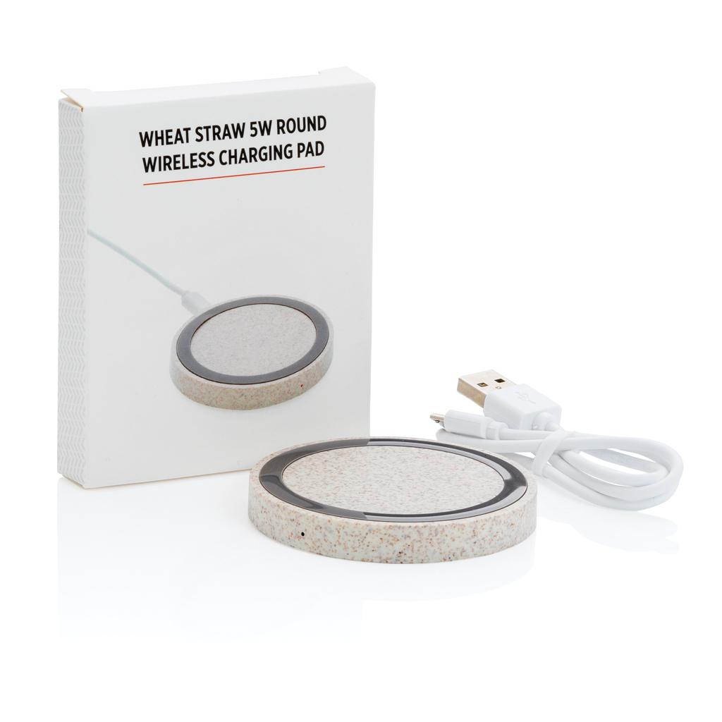 Placă de încărcare wireless rotundă 5W din paie de grâu khaki