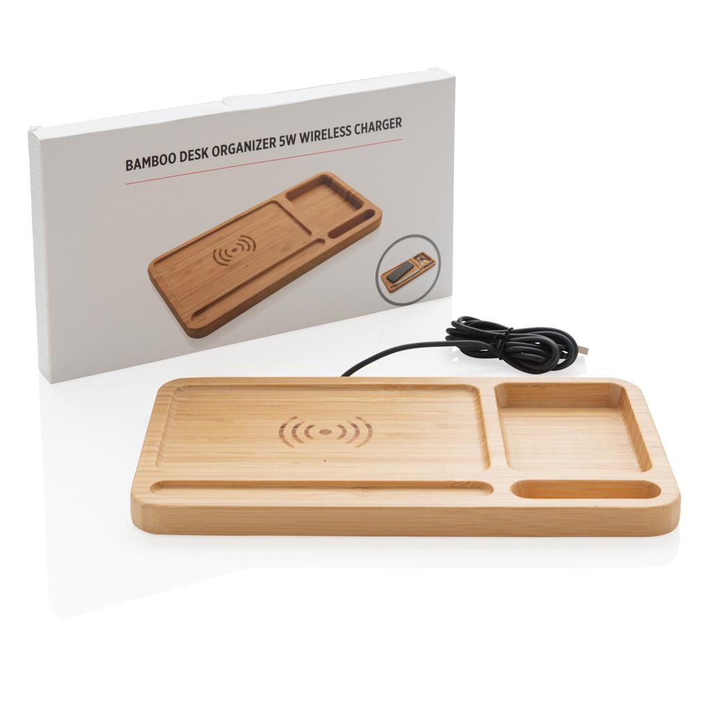 Organizator de birou din bambus cu încărcător wireless 5W brown