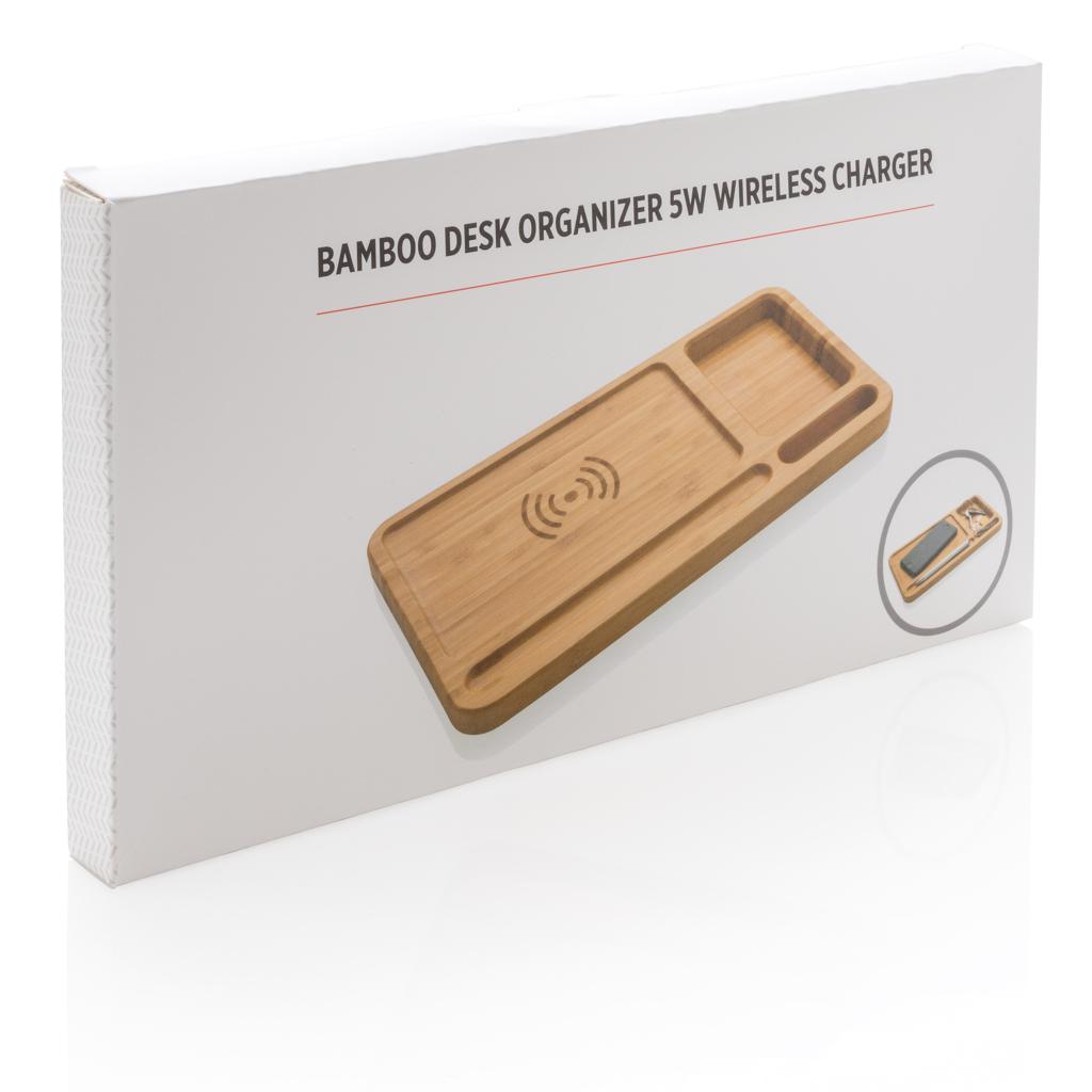 Organizator de birou din bambus cu încărcător wireless 5W brown