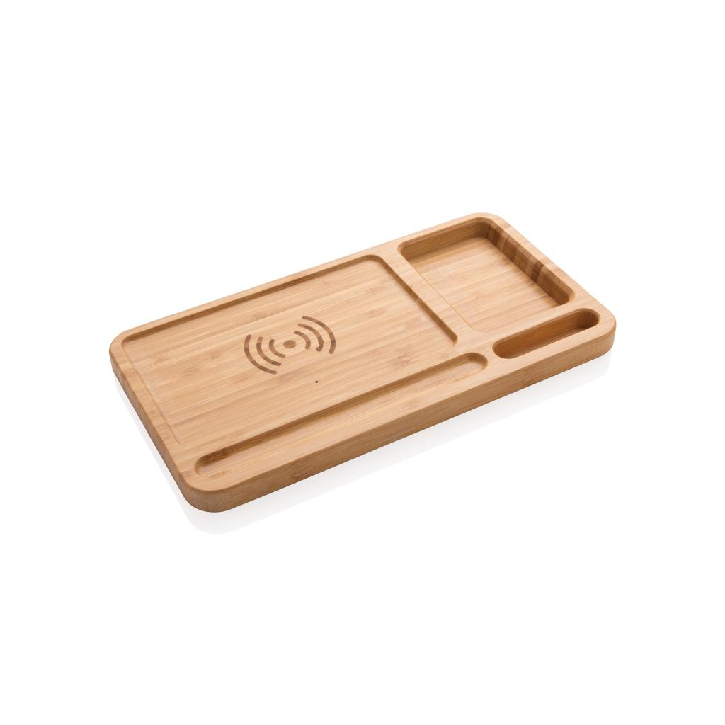 Organizator de birou din bambus cu încărcător wireless 5W brown