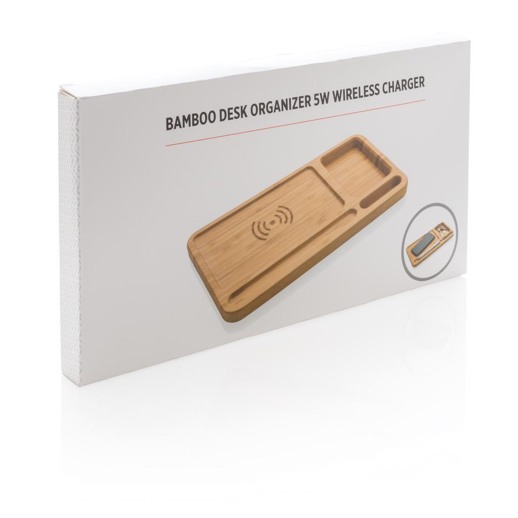 Organizator de birou din bambus cu încărcător wireless 5W brown