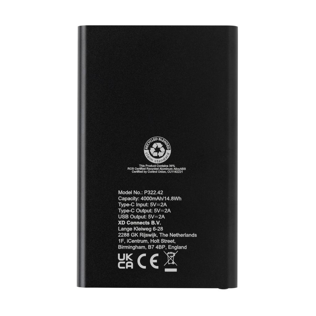 Powerbank din plastic reciclat/aluminiu RCS 4.000 mAh cu port Type-C black