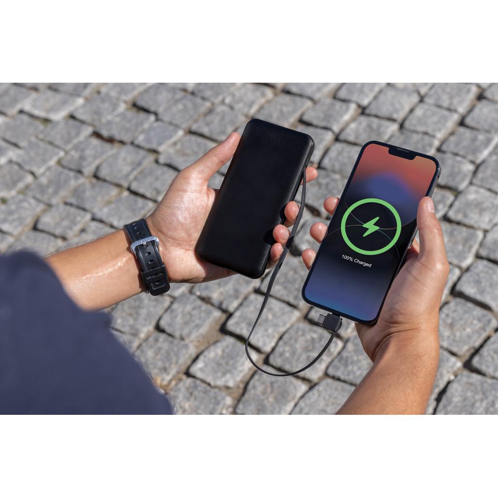 Powerbank Lockhart din plastic reciclat RCS 10.000 mAh cu cabluri integrate black