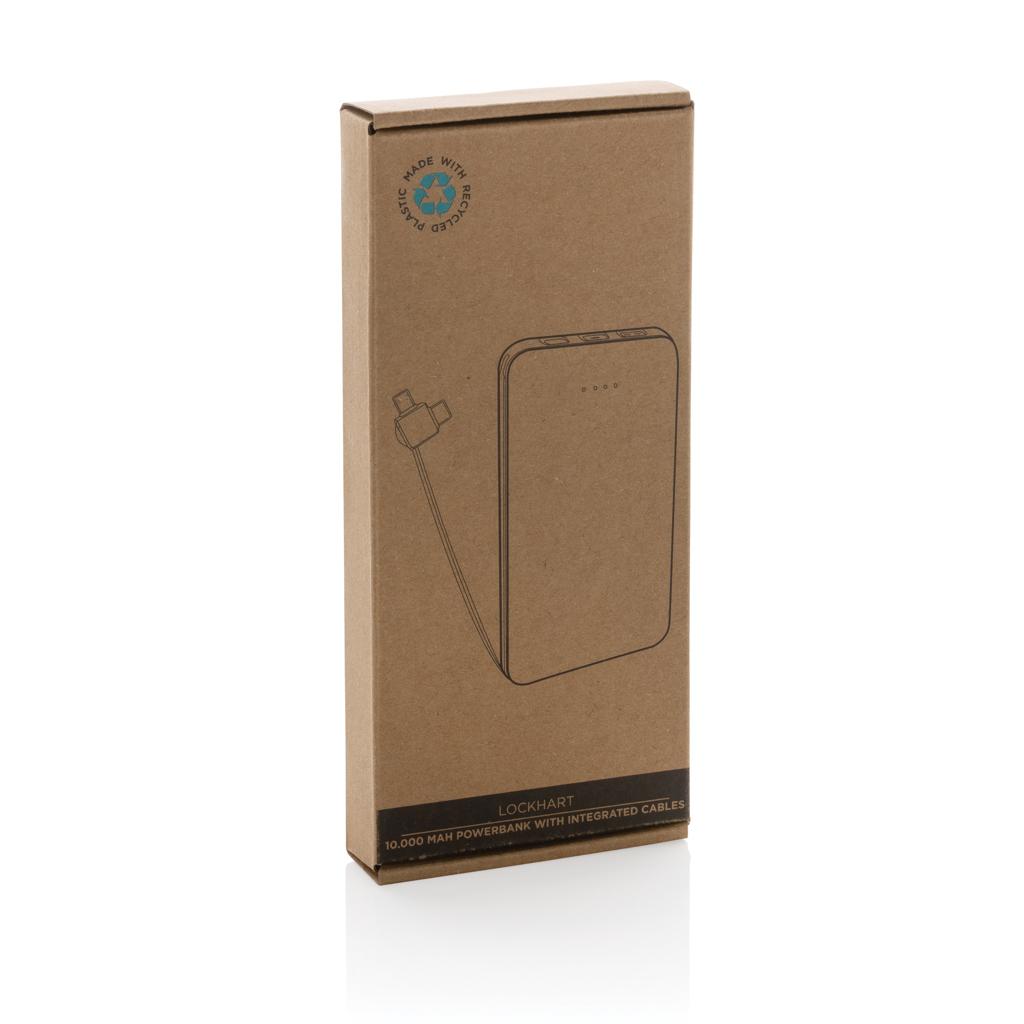 Powerbank Lockhart din plastic reciclat RCS 10.000 mAh cu cabluri integrate black
