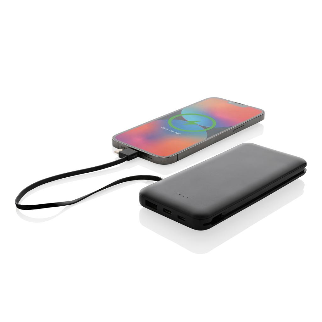 Powerbank Lockhart din plastic reciclat RCS 10.000 mAh cu cabluri integrate black