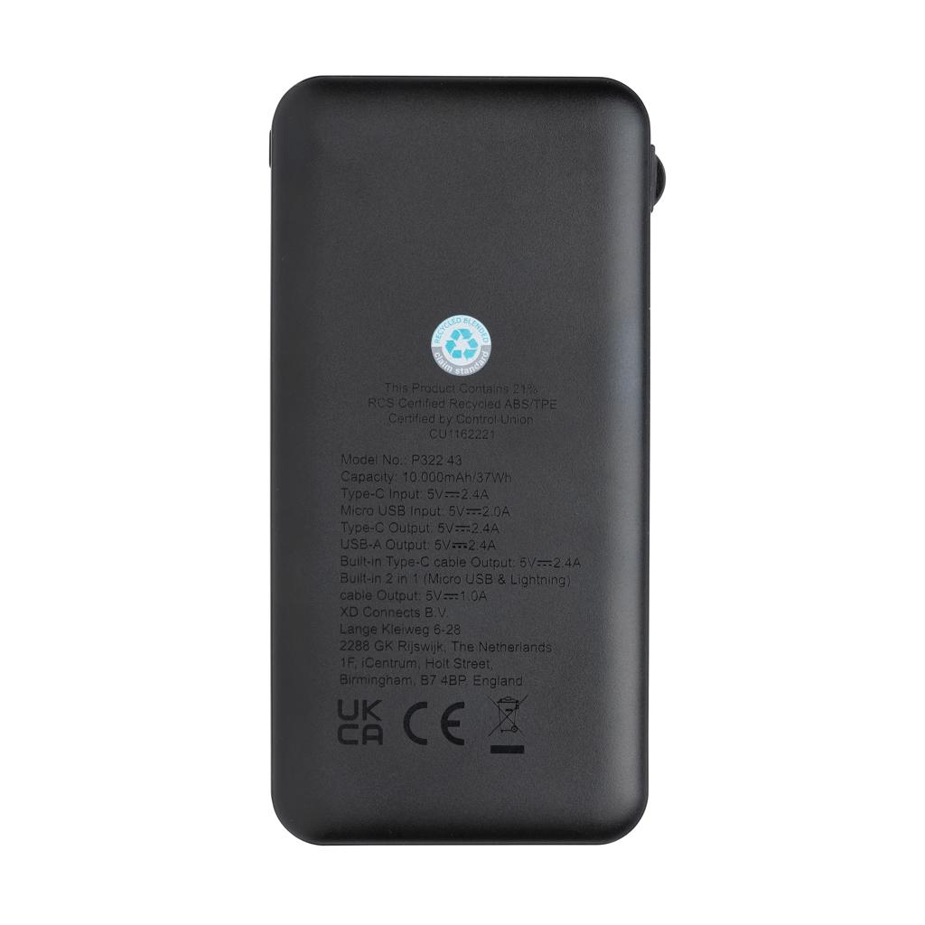 Powerbank Lockhart din plastic reciclat RCS 10.000 mAh cu cabluri integrate black