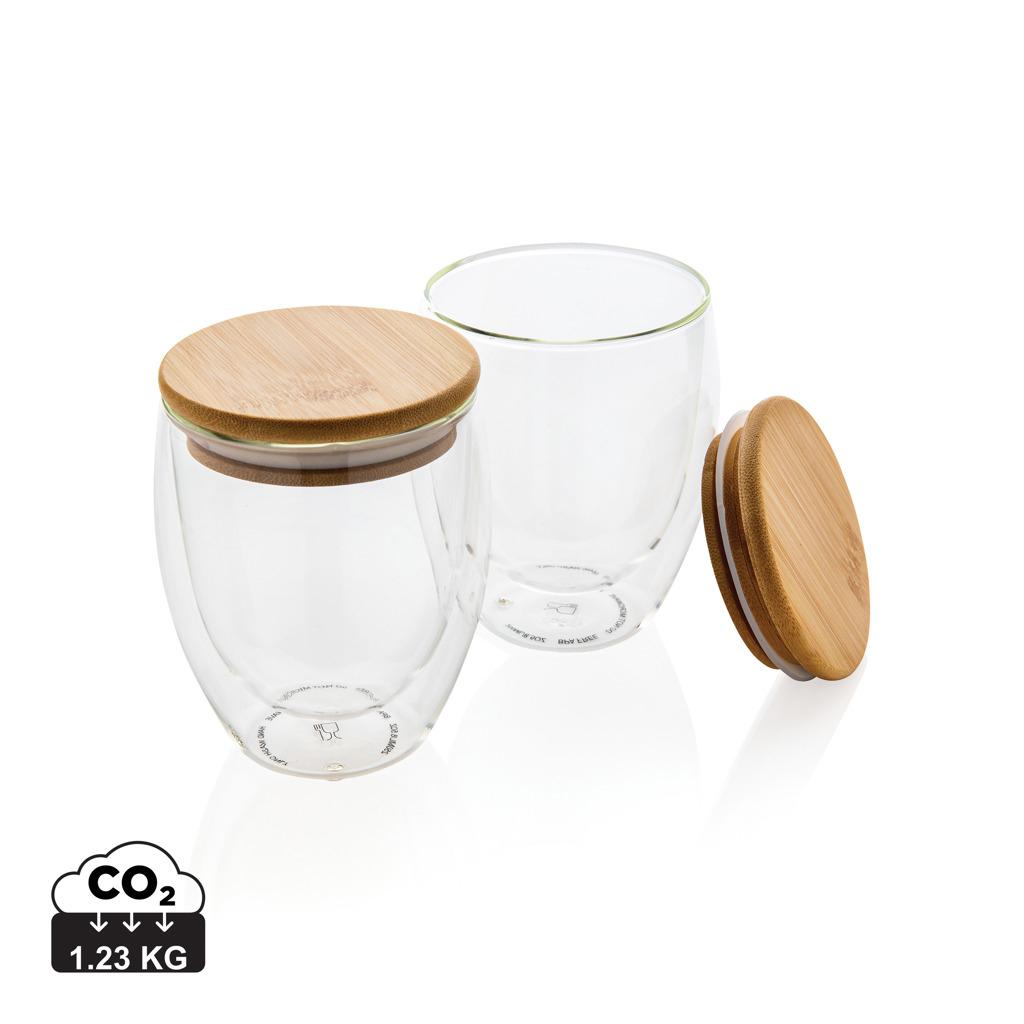 Set de 2 pahare din sticlă borosilicată cu perete dublu și capac din bambus, 250 ml transparent