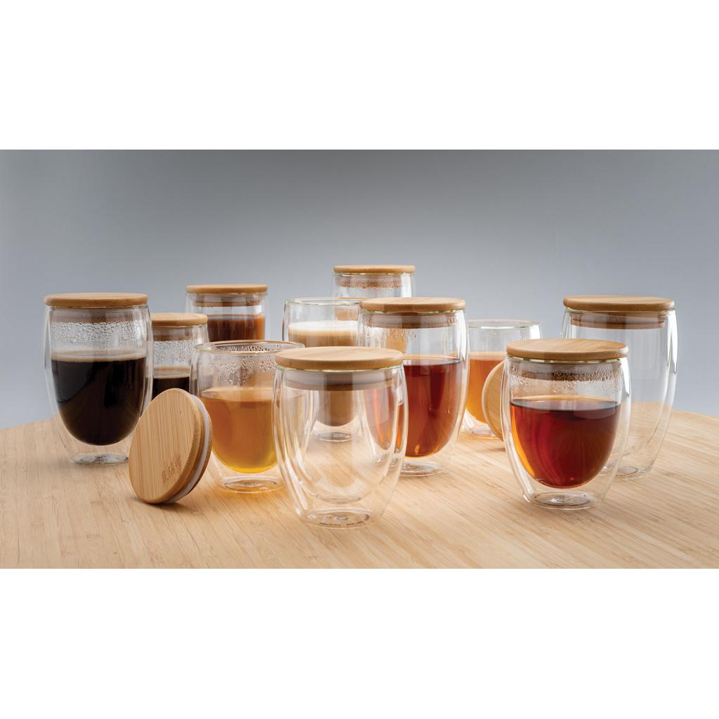 Set de 2 pahare din sticlă borosilicată cu perete dublu și capac din bambus, 250 ml transparent