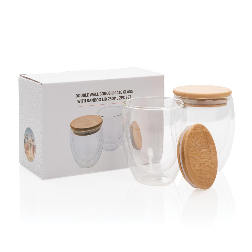 Set de 2 pahare din sticlă borosilicată cu perete dublu și capac din bambus, 250 ml transparent