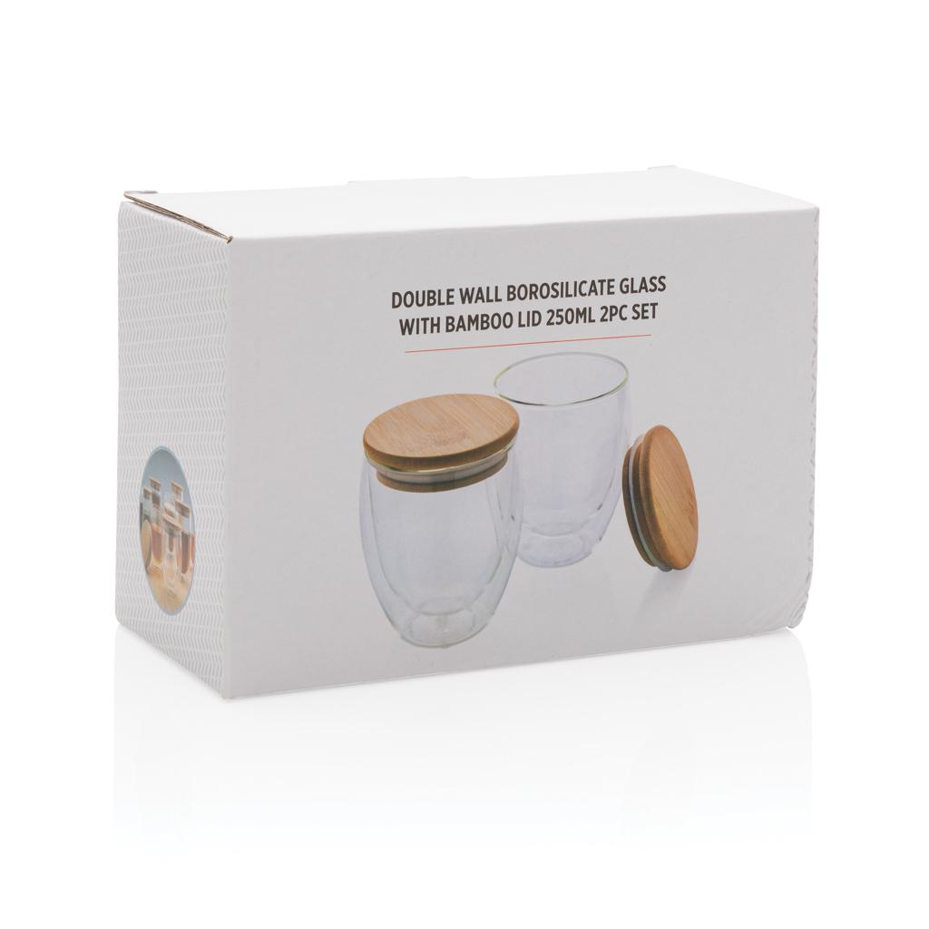 Set de 2 pahare din sticlă borosilicată cu perete dublu și capac din bambus, 250 ml transparent
