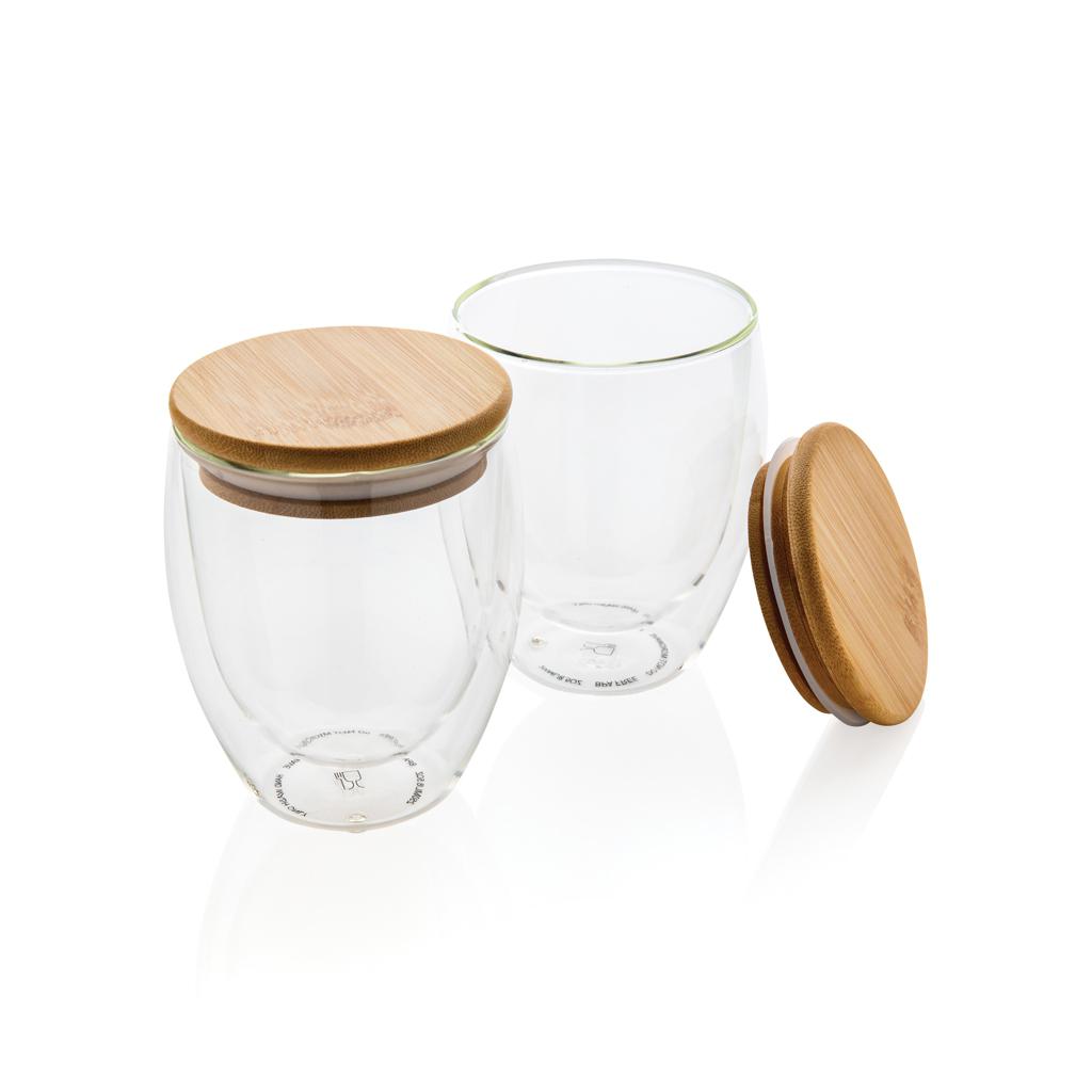Set de 2 pahare din sticlă borosilicată cu perete dublu și capac din bambus, 250 ml transparent