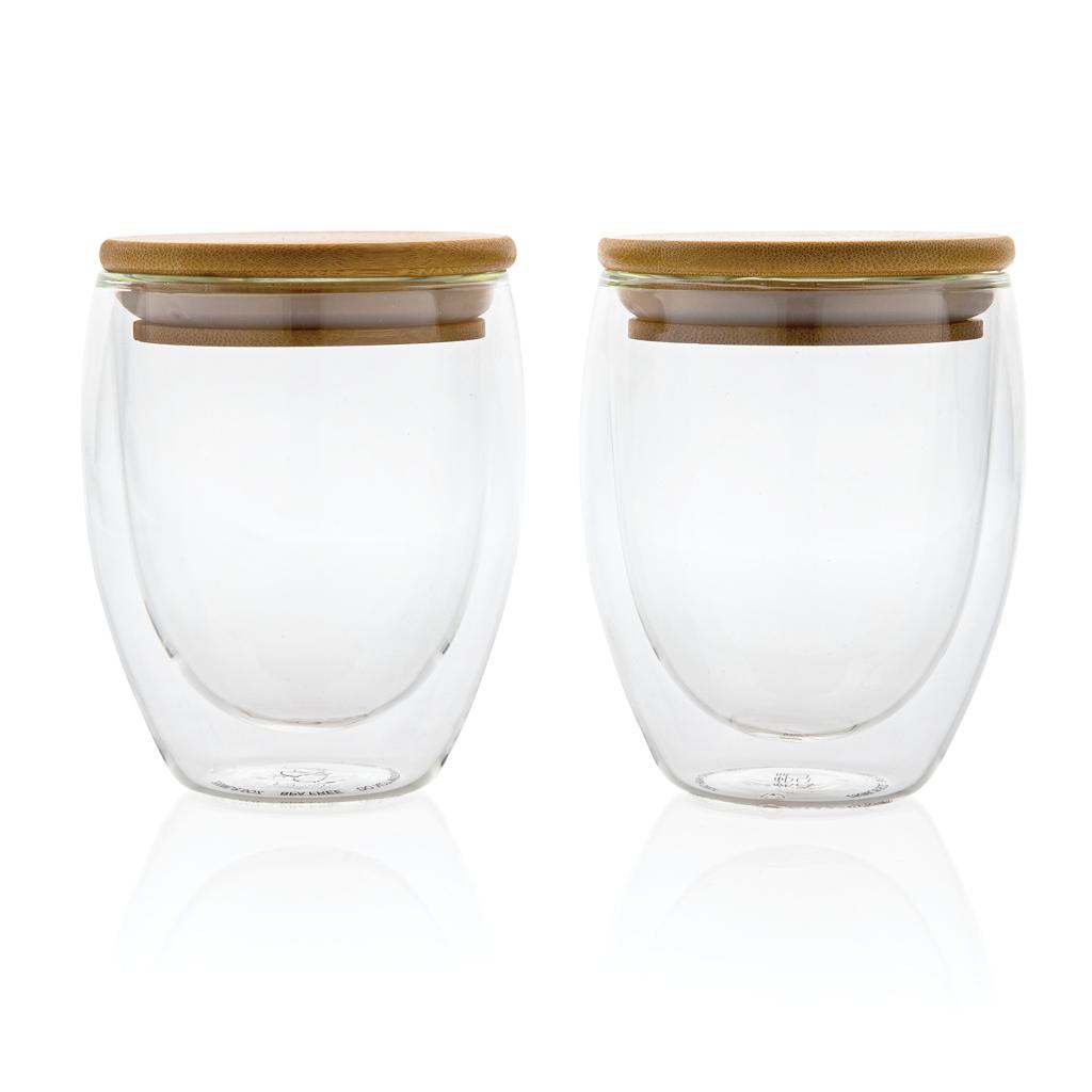 Set de 2 pahare din sticlă borosilicată cu perete dublu și capac din bambus, 250 ml transparent