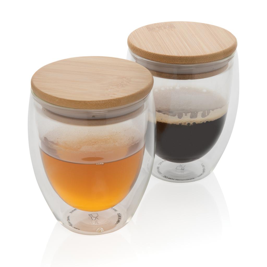 Set de 2 pahare din sticlă borosilicată cu perete dublu și capac din bambus, 250 ml transparent