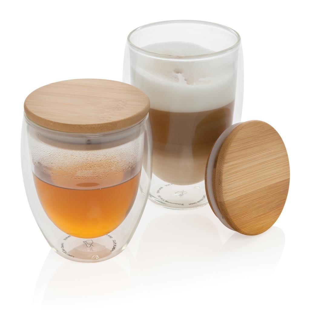 Set de 2 pahare din sticlă borosilicată cu perete dublu și capac din bambus, 250 ml transparent