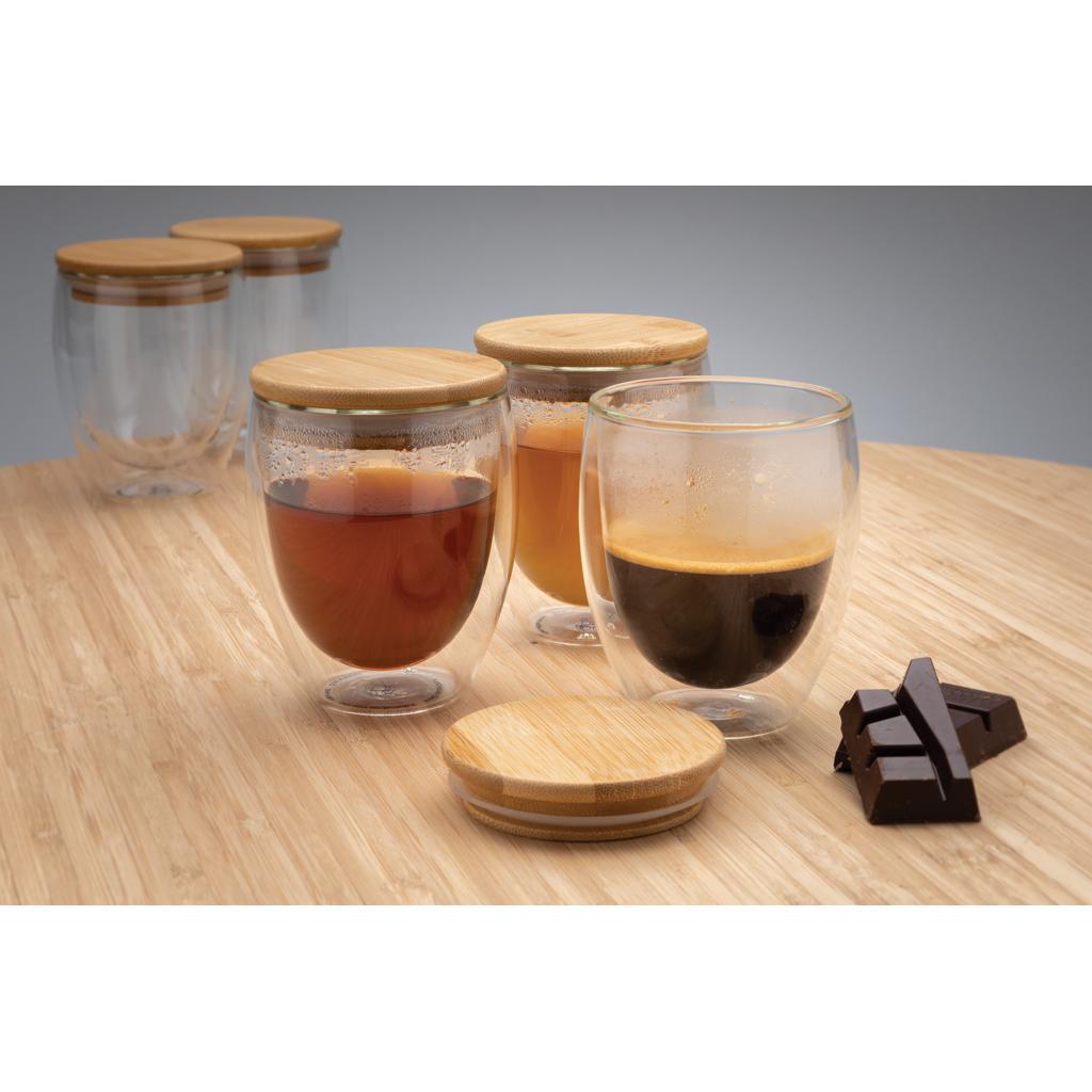 Set de 2 pahare din sticlă borosilicată cu perete dublu și capac din bambus, 250 ml transparent