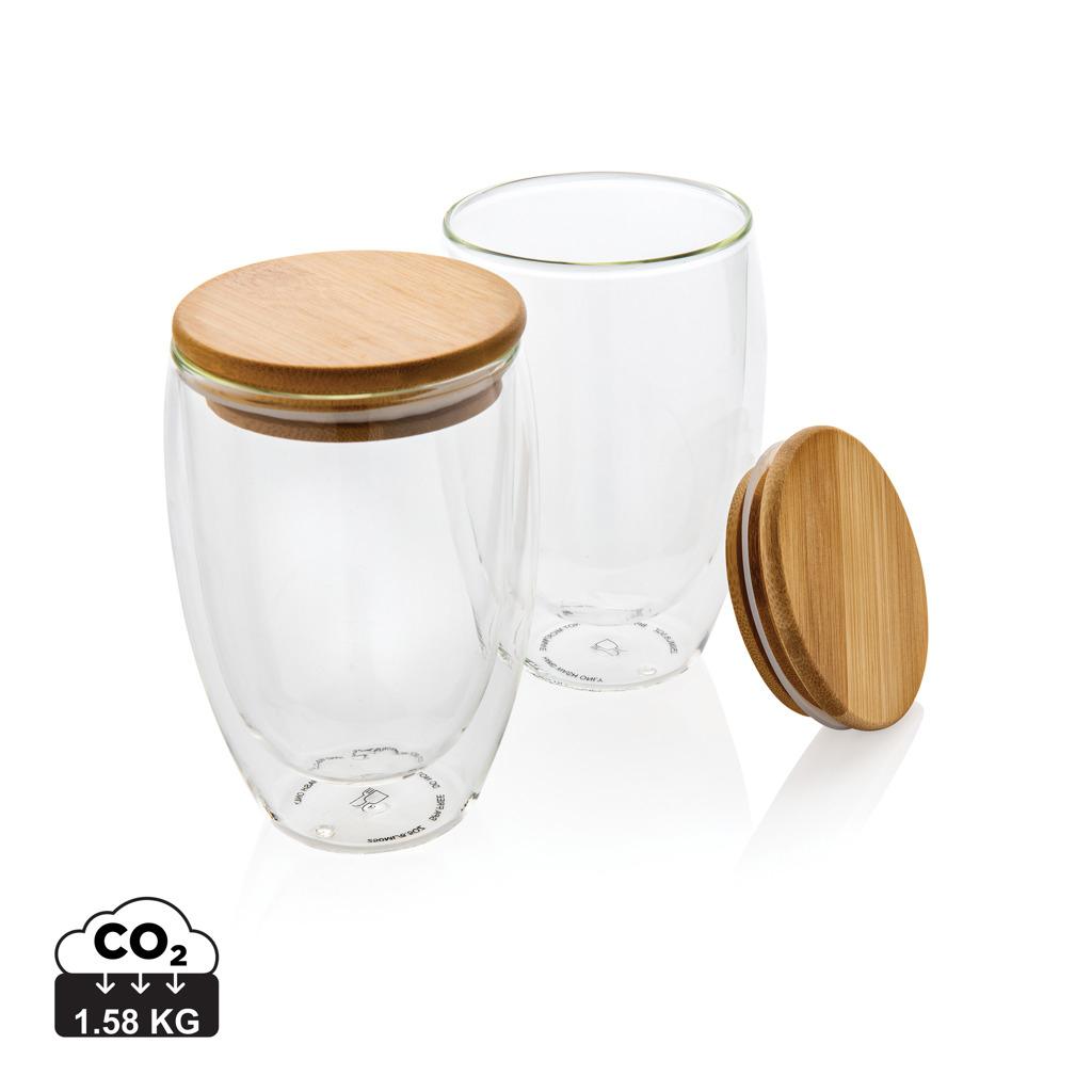Set de 2 pahare din sticlă borosilicată cu perete dublu și capac din bambus, 350 ml transparent