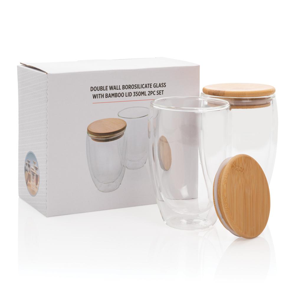 Set de 2 pahare din sticlă borosilicată cu perete dublu și capac din bambus, 350 ml transparent