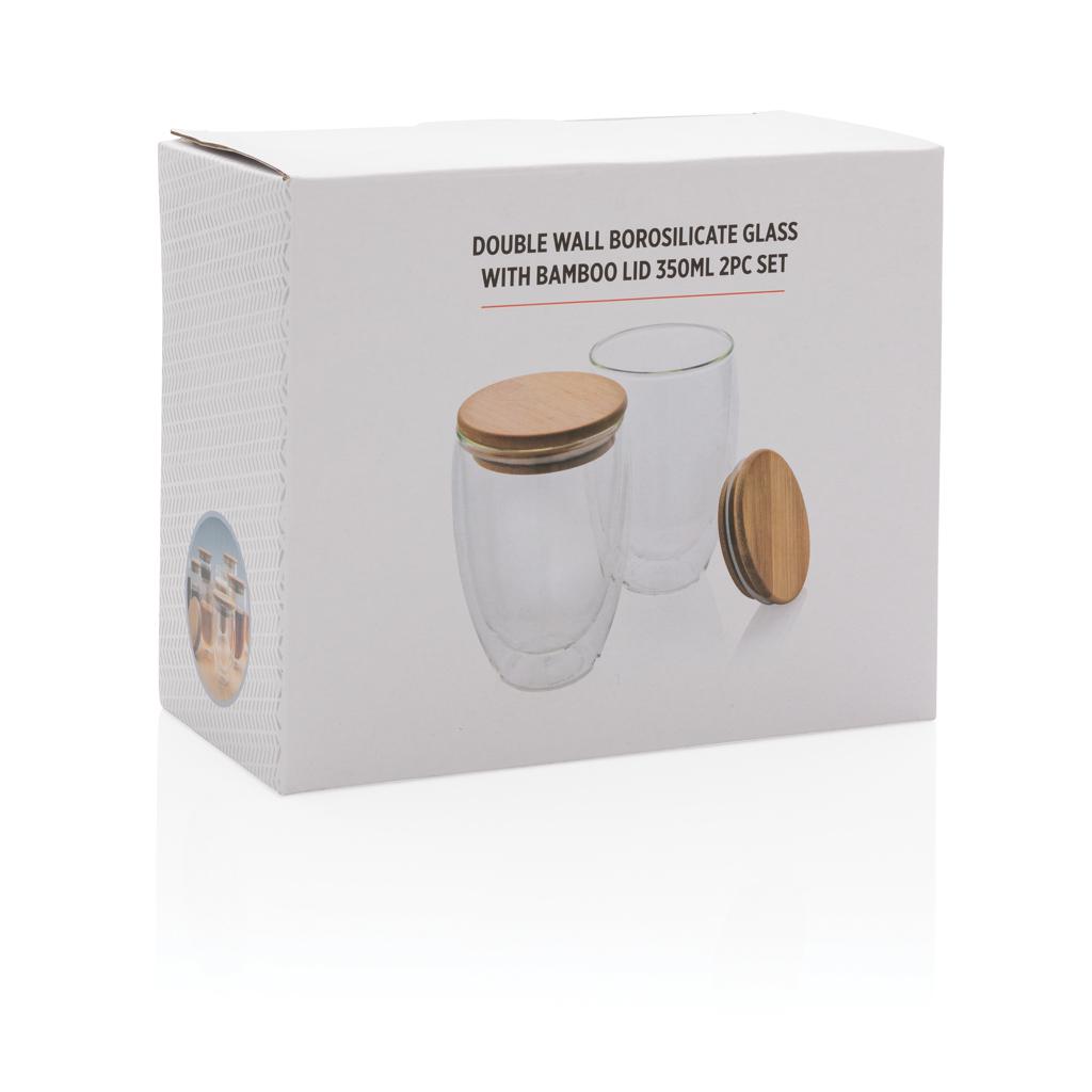Set de 2 pahare din sticlă borosilicată cu perete dublu și capac din bambus, 350 ml transparent