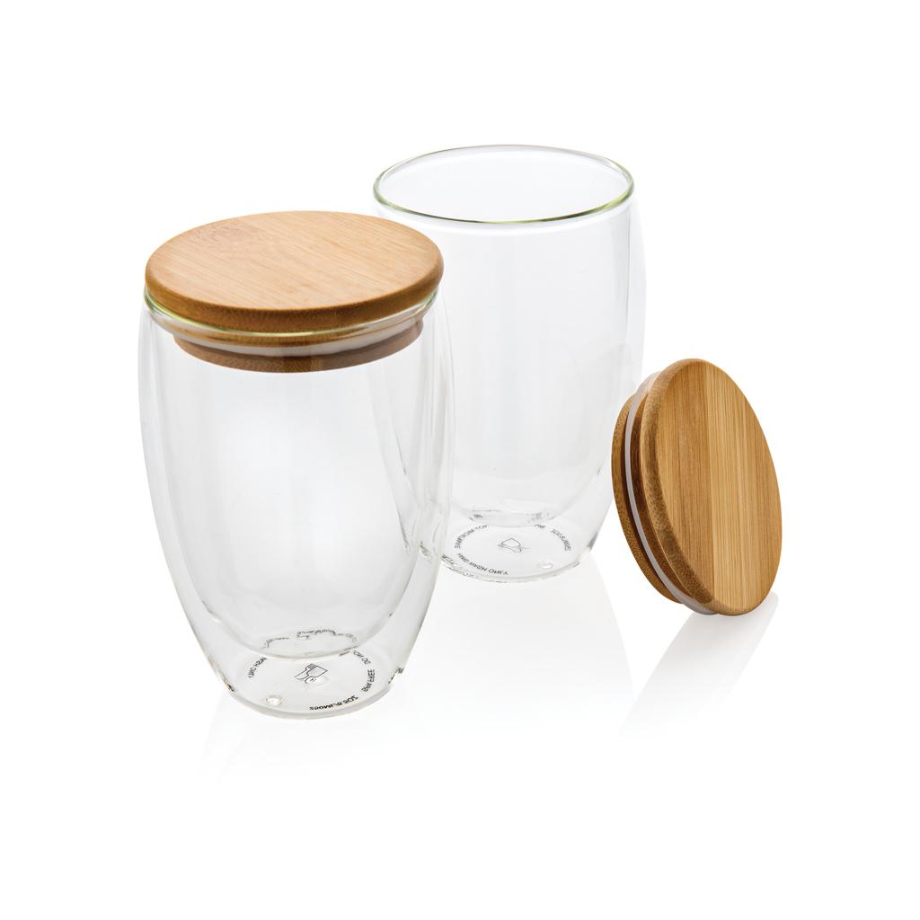 Set de 2 pahare din sticlă borosilicată cu perete dublu și capac din bambus, 350 ml transparent