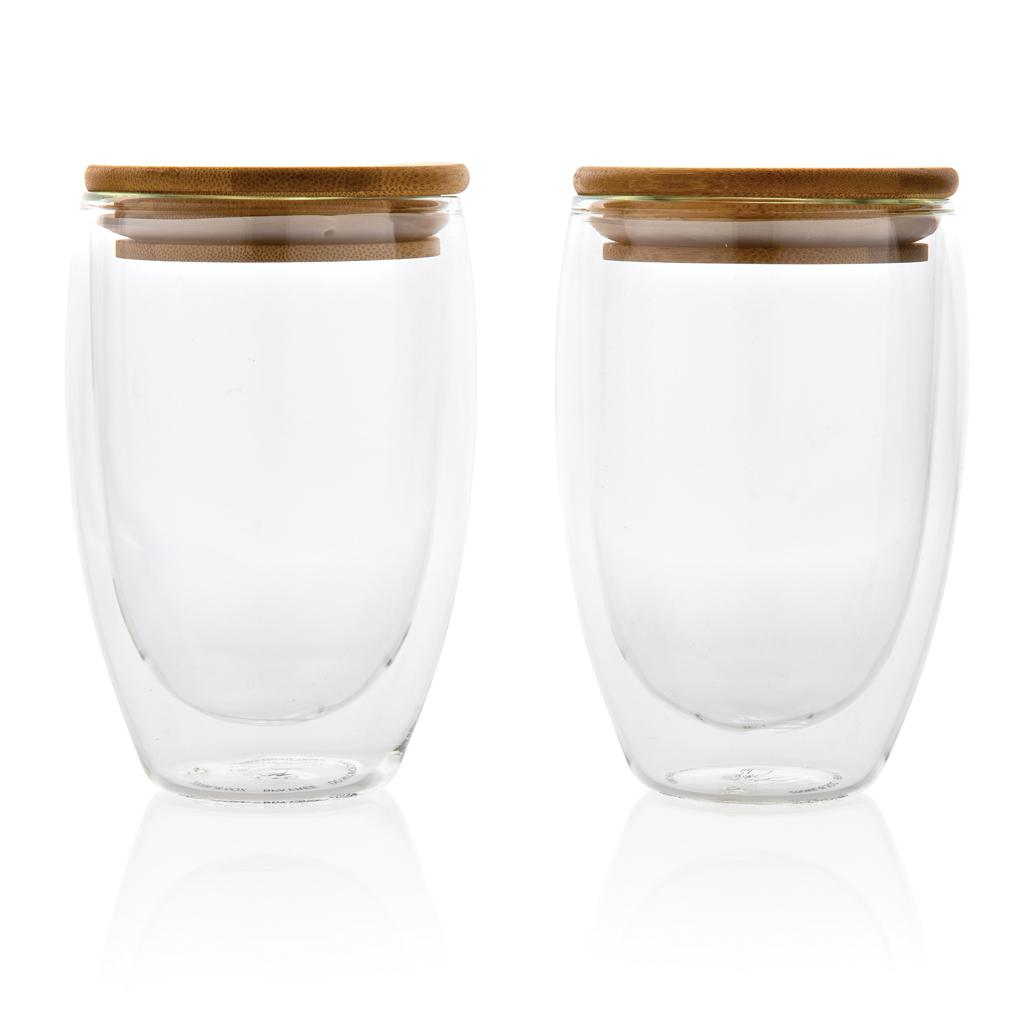 Set de 2 pahare din sticlă borosilicată cu perete dublu și capac din bambus, 350 ml transparent