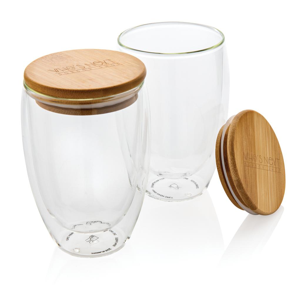Set de 2 pahare din sticlă borosilicată cu perete dublu și capac din bambus, 350 ml transparent